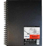 Black spiral-bound notebook with a textured black cover and a label in the bottom-right corner.