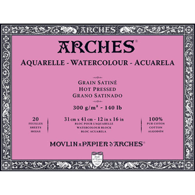 Arches Watercolor Hot Press Block 12" x 16" - (20 Sheets, 140lb)