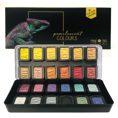 Boxed set of pearlescent watercolor paints with a rainbow of metallic pans visible in an open case and a lizard illustration on the black packaging.","Close-up of a black art box reading 'pearlescent colours' with an open tray of metallic color pans in yellows, pinks, greens, blues, and browns.","Open palette of metallic watercolors (pearlescent colours) in a plastic case, shown with a colorful lizard-themed packaging."