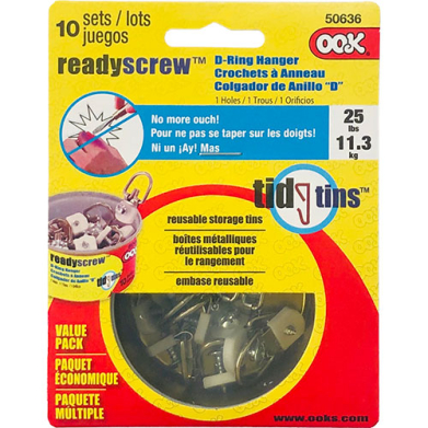 Ook Ready Screw D-Ring Hangers & Tin - (10 Sets) Small