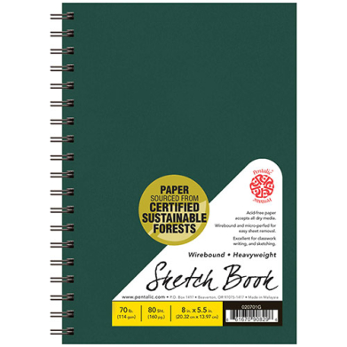 Pentalic Heavyweight Sketch Book 5.5" x 8" - (80 Sheets, 70lb) Wirebound, Green Linen Cover