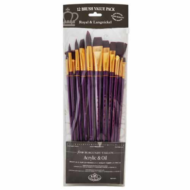 Royal Langnickel Burgundy Taklon Acrylic And Oil Brush Value Pack - 12pc