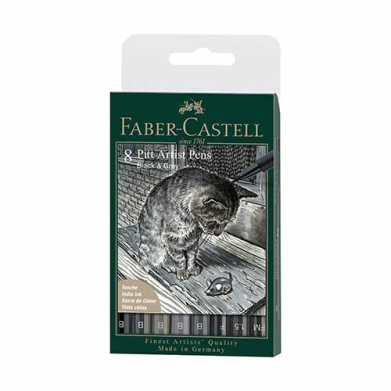 Faber Castell Pitt Artist Pens Wallet- Black and Greys (8ct)  167171