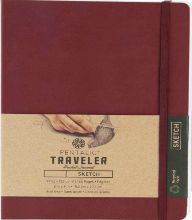 Pentalic Traveler Pocket Journal 4" x 6" - (160 Pages, 74lb) Sketch, Burgundy
