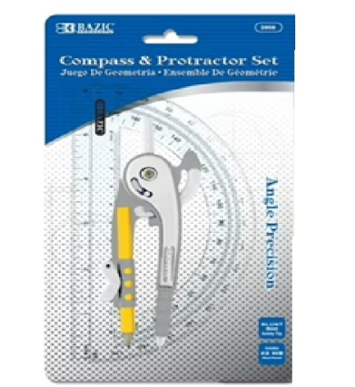 Bazic Scale-Arm Compass with #2 Pencil & 6" Clear Protractor Geometry Set  BZ2808
