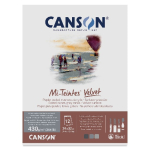 Front of a Canson Mi-Teintes Velvet paper package: blue Canson logo at top, a soft painting in the middle, and product specs (430 g/m², 24×32 cm, 12 sheets) at the bottom.