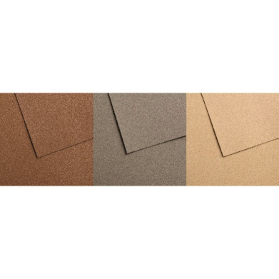 Three textured paper swatches in brown, gray, and tan arranged in a horizontal strip with overlapping corners.