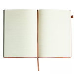 Open notebook with blank ruled pages and a brown ribbon bookmark laid flat on a white background.