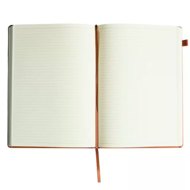 Open notebook with blank ruled pages and a brown ribbon bookmark laid flat on a white background.