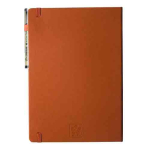 Leather-bound notebook with a pencil tucked into the left edge and orange-brown cover with elastic corners.