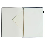 Open notebook with blank cream pages, a small rectangular card tucked into a pocket between the pages.