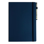 Closed dark blue notebook with a black elastic band and a pen clipped to the right edge