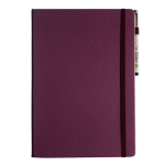 Purple hardcover notebook with burgundy elastic strap and side pen loop.