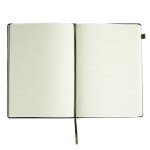 Open notebook with cream lined pages and a green ribbon bookmark on a white background.