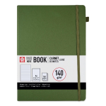 Green hardcover ruled notebook with brown elastic strap, banded label showing 'A4' and '140 g/m²' for 160 pages, front view