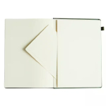 Open notebook with blank cream pages, left page folded into a diagonal corner shape on top of the page edge.