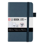 Dark blue pocket notebook with an elastic closure and side ribbon bookmark on the cover.