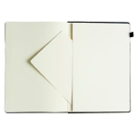 Open notebook with cream pages and a folded corner page here and there, showing a page folded inward in the left half.]
