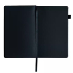 Closed black notebook with a black ribbon bookmark lying flat, rounded corners, minimalist design