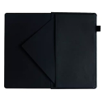 Open black presentation folder with a left pocket and right document sleeve, laid flat.