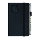 Black Sakura notebook with elastic band and a pen clipped to the side on a white background