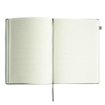 Open notebook with blank, lined pages spread flat, featuring a gray ribbon bookmark.