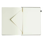 Open notebook with blank cream pages and a triangular folded corner on the left page.