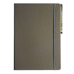 Brown hardcover notebook with a gray elastic strap and a pen tucked into the right edge of the spine area.