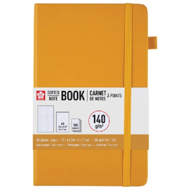 Orange hardcover notebook with elastic strap closed, A5 size and wraparound band visible on the side.
