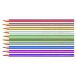 Row of colored pencils lined up horizontally in rainbow order, showcasing a spectrum of colors for art or school use.