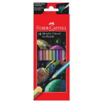 Faber-Castell 10 metallic colored EcoPencils in red packaging with a window showing colored pencils and a blue pencil drawing on the box label