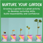 Green banner reads 'Nurture Your Garden' with a subtitle; five cups hold sprouting plants in pastel pots.