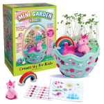 Boxed Mini Garden Unicorn kit with turquoise decorative basket and pink unicorn figures, rainbow, and plant sprigs included for kids crafts.