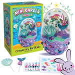 Mermaid mini garden craft kit for kids, showing a purple seashell planter with a mermaid figure and accessories, plus the box and tools.