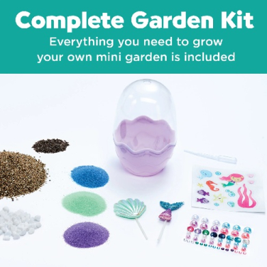 Banner for a Complete Garden Kit: includes seed packets, colorful soil powders, mini tools, and a clear dome showing an all-in-one kit.