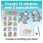 Craft kit to make 12 stickers and 2 suncatchers; shows sticker sheets, two outlined winter characters, and small craft pieces.