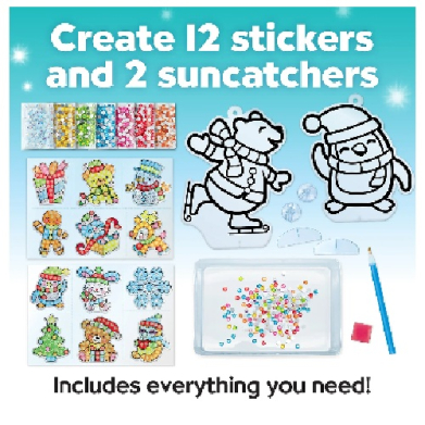 Craft kit to make 12 stickers and 2 suncatchers; shows sticker sheets, two outlined winter characters, and small craft pieces.