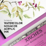 Packaging layout with botanical watercolor illustration, a purple diagonal stripe, and a pink Arches watercolor paper box; includes the text 'Suitable for WATERCOLOR GOUACHE ACRYLIC INK'