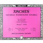 Arches Aquarelle Watercolour label on pink sheet with ornate border, listing 300 g/m², hot pressed, 41x51 cm (16x20 in) and 20 sheets.