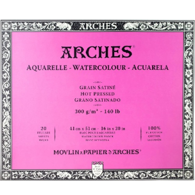 Arches Aquarelle Watercolour label on pink sheet with ornate border, listing 300 g/m², hot pressed, 41x51 cm (16x20 in) and 20 sheets.