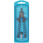 Blue adjustable compass set in plastic packaging labeled Faber-Castell Schnellverstellzirkel for precise circle drawing.