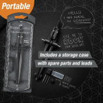 Portable compass set in plastic packaging with storage case and spare leads on a chalkboard background.