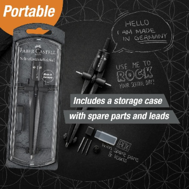 Portable compass set in plastic packaging with storage case and spare leads on a chalkboard background.