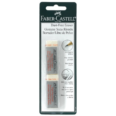 Faber-Castell Dust-Free Eraser duo in blister pack with branding and usage images on the card.