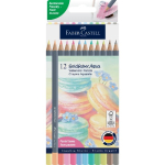 Pack of 12 Faber-Castell Goldfaber Aqua watercolor pencils in pastel tones on colorful packaging.