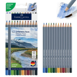 Faber-Castell Goldfaber Aqua watercolor pencils set of 12 with landscape artwork on packaging; pencils shown in two arrangements.