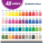 Color swatch chart for 48 Goldfaber Aqua colors showing numbered squares 101–283 with a pencil row beneath. Popular color spectrum from pale to dark.