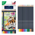 Faber-Castell 12-color pencil set in a tiger-themed illustrated box, with pencils visible at the bottom and a row of colored pencils beside it.