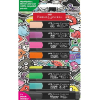Faber-Castell marker set with assorted color caps arranged in a row on a bright illustrated background.