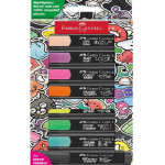 Faber-Castell marker set with assorted color caps arranged in a row on a bright illustrated background.